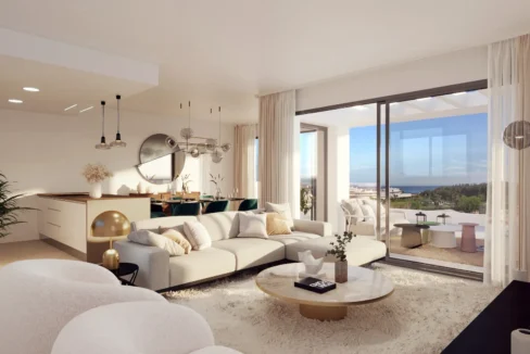 salon-comedor-terraza-sea-views-apartments-penthouses-sale-estepona-blancareal-malaga-costa-del-sol